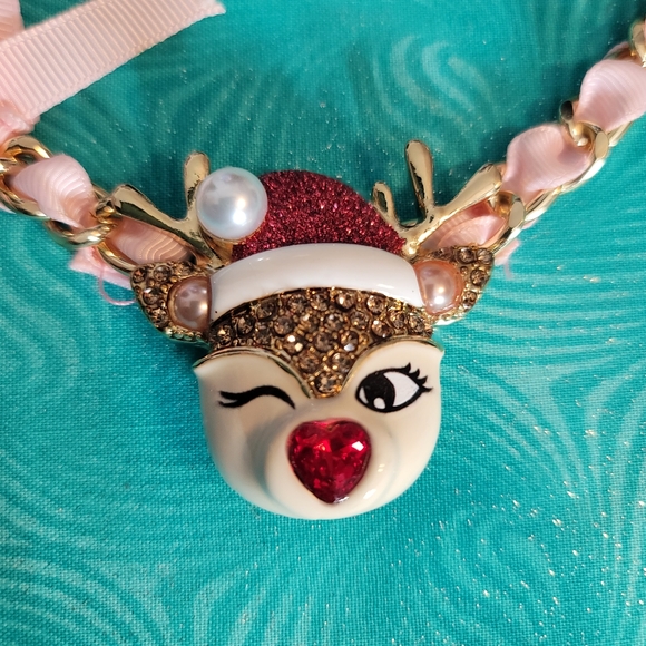 Betsey Johnson Christmas Reindeer Necklace Jingle Bell Bling Rudolpf Red Santa - Picture 2 of 9